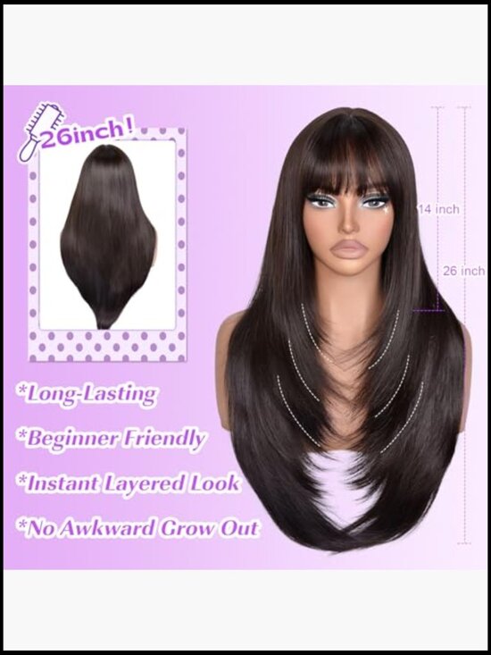 Long Layered Straight Wig with Bangs Natural Look Heat Resistant Full Coverage